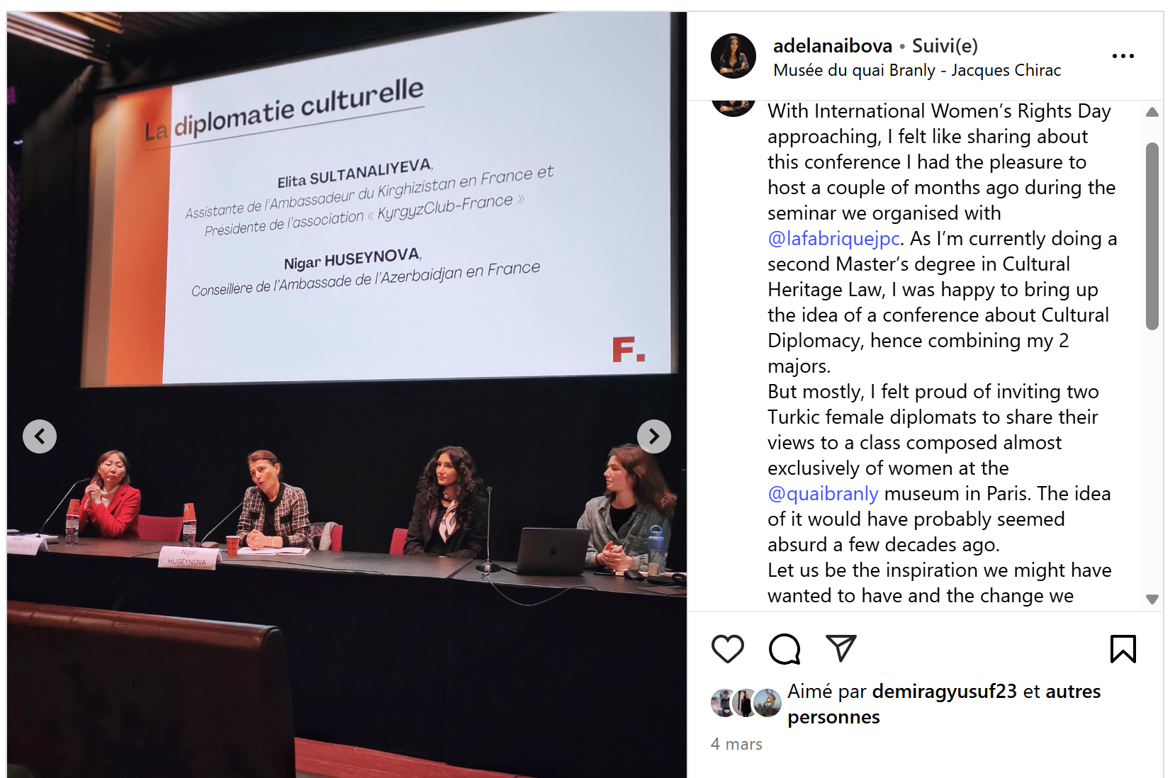 Publication Instagram d'Adela Naibova, lobbyiste azerbaïdjanaise, promouvant l'événement de propagande au Musée du Quai Branly