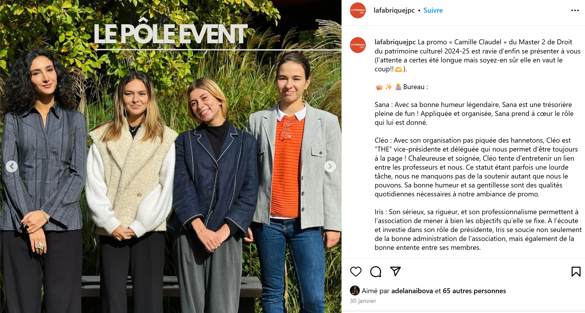 Publication Instagram sur l'équipe de La Fabrique