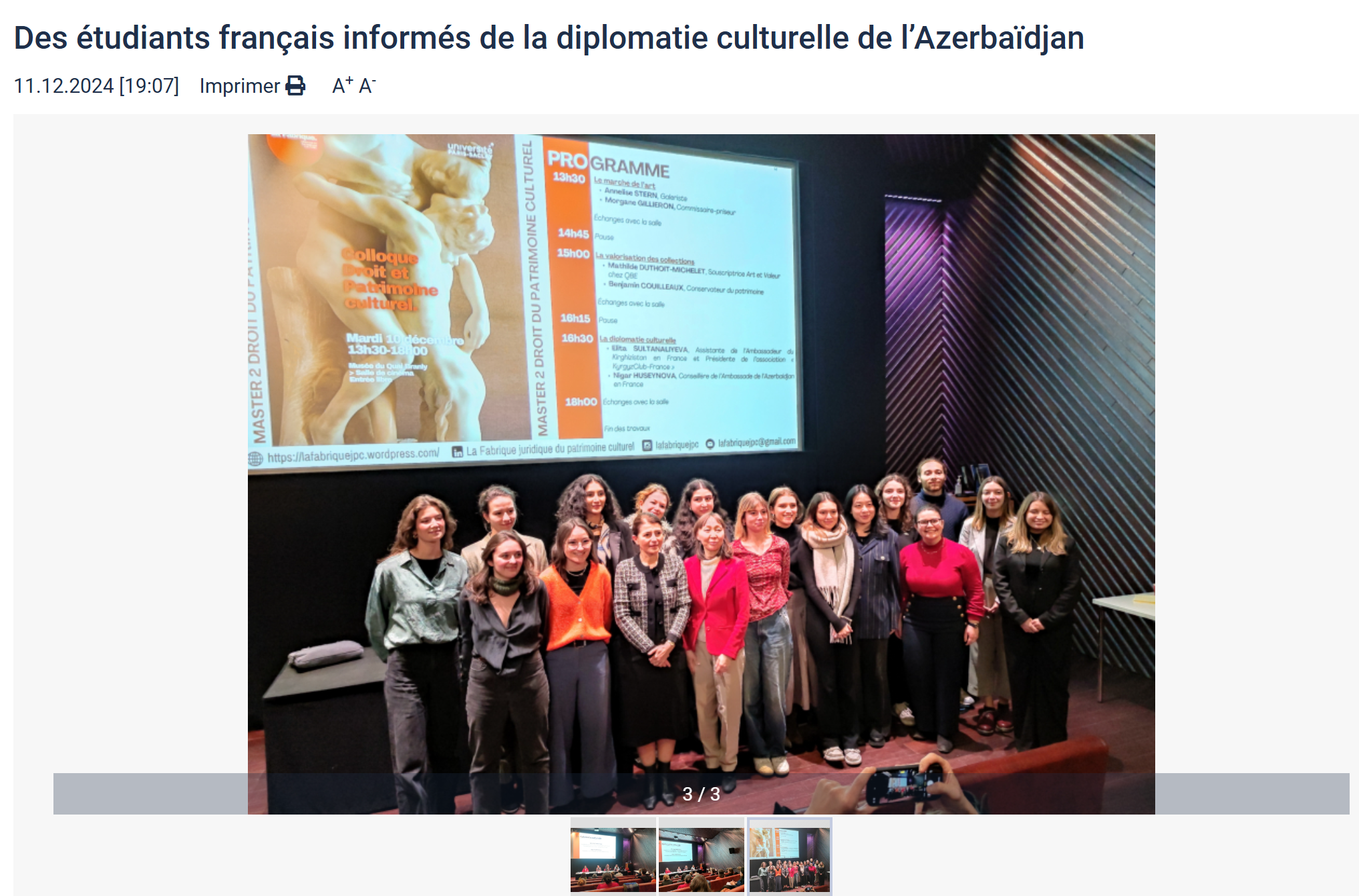 Article de l'agence de presse officielle azerbaïdjanaise Azertac vantant le succès de la propagande au Musée du Quai Branly