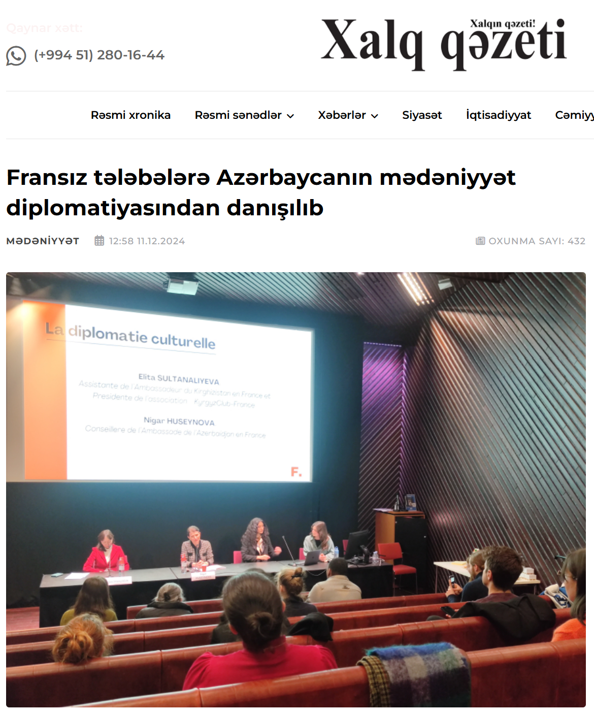 Article du journal Xalq Qezeti relatant la conférence de diplomatie culturelle organisée en France