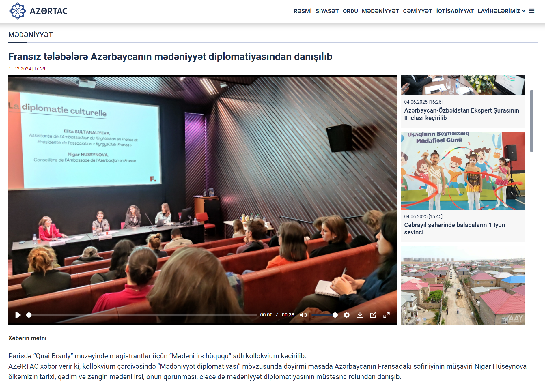 Version en langue azerbaïdjanaise de l'article officiel sur la conférence de propagande culturelle au Musée du Quai Branly